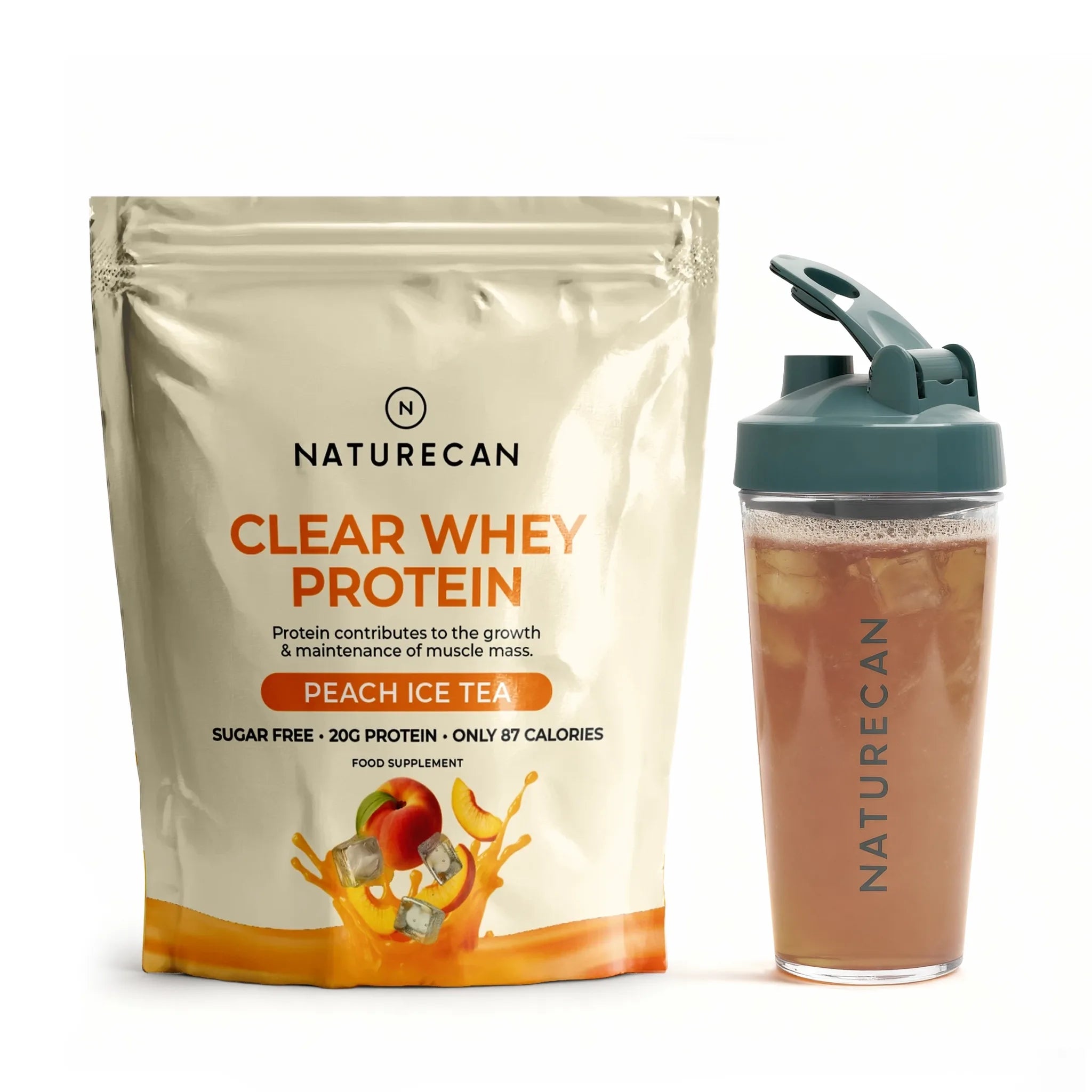 Naturecan Clear Whey Protein package and peach ice tea shake on a white background