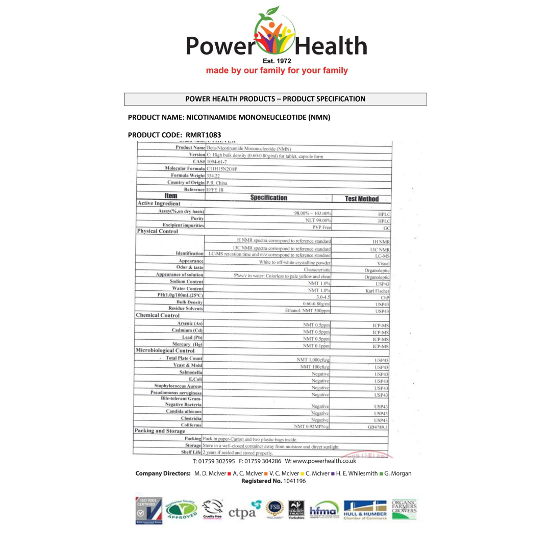 Power Health product specification sheet for Nicotinamide Mononucleotide (NMN), product code RMRT1083.