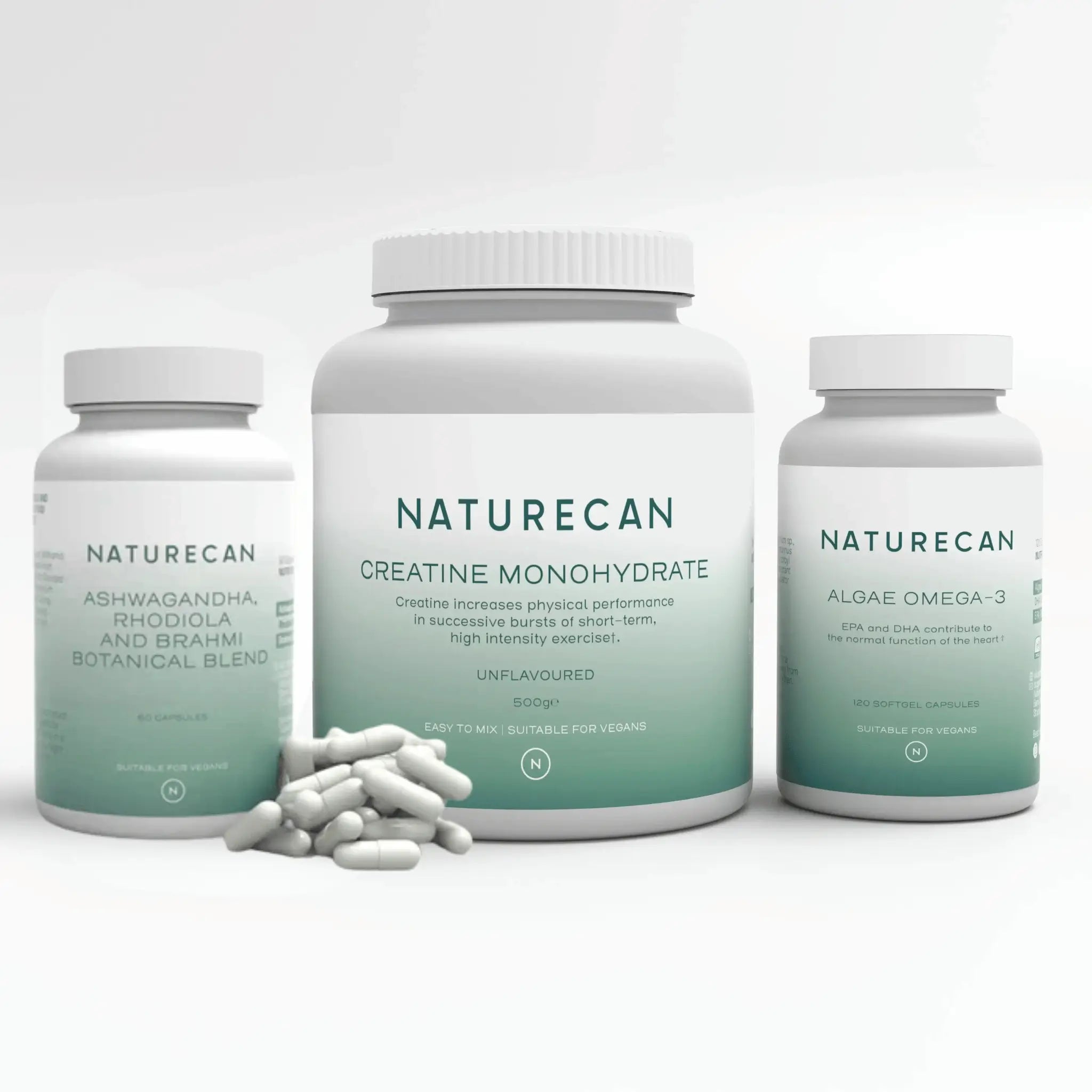 Naturecan supplements featuring Ashwagandha blend, Creatine Monohydrate, and Algae Omega-3 bottles with capsules.