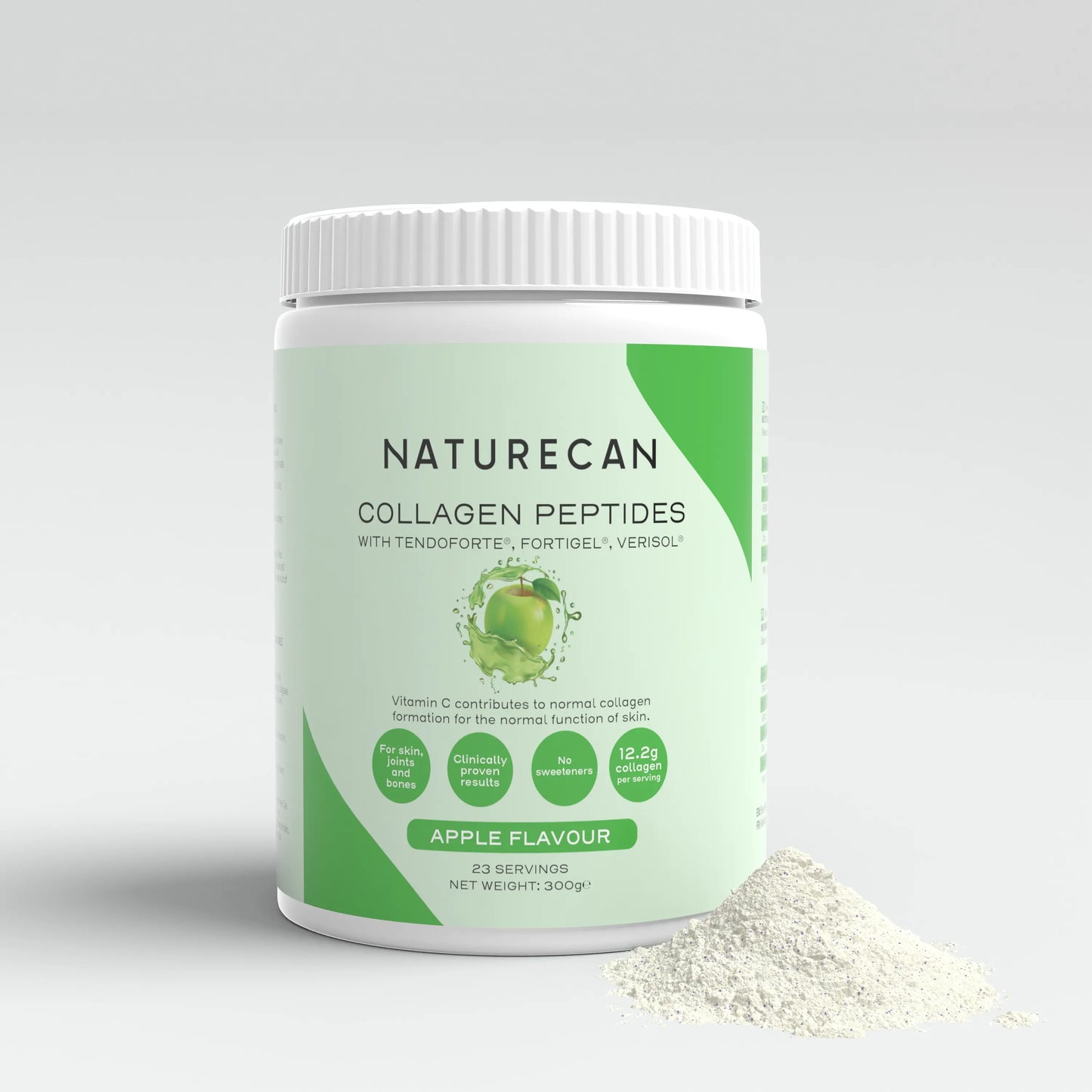 Naturecan Collagen Peptides apple flavor packaging with green apple graphic and powder beside the container.