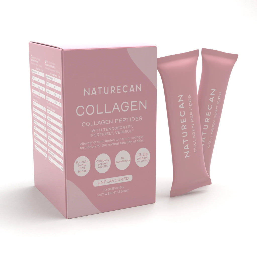 Naturecan Collagen Peptides packaging with two pink collagen sticks, highlighting unflavored and clinically proven benefits.