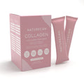 Naturecan Collagen Peptides packaging with two pink collagen sticks, highlighting unflavored and clinically proven benefits.