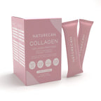 Naturecan Collagen Peptides packaging with two pink collagen sticks, highlighting unflavored and clinically proven benefits.