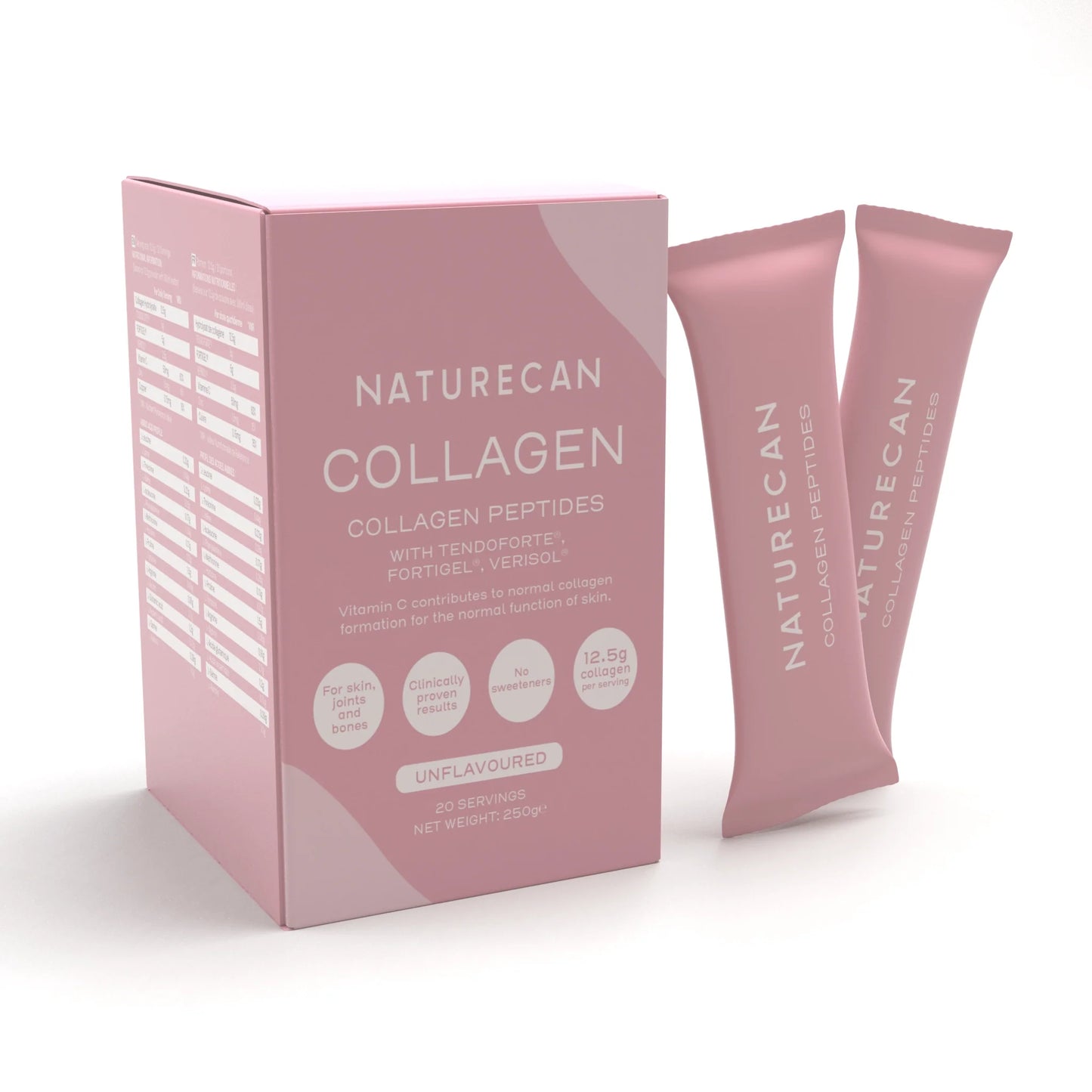 Naturecan Collagen Peptides packaging with two pink collagen sticks, highlighting unflavored and clinically proven benefits.