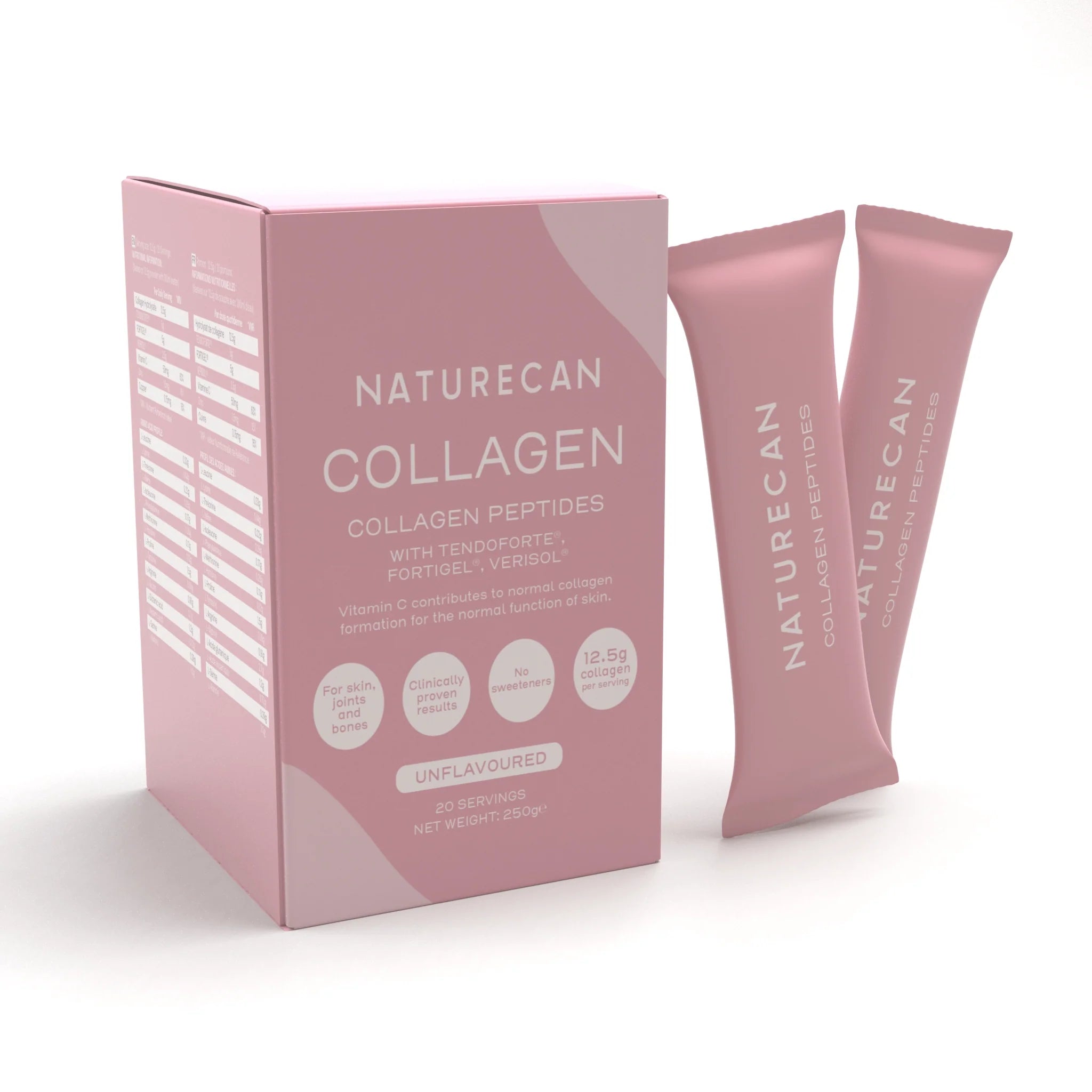 Naturecan Collagen Peptides packaging with two pink collagen sticks, highlighting unflavored and clinically proven benefits.