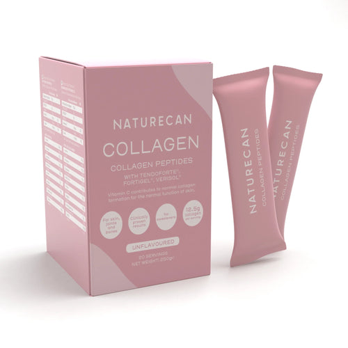 Naturecan Collagen Peptides packaging with two pink collagen sticks, highlighting unflavored and clinically proven benefits.