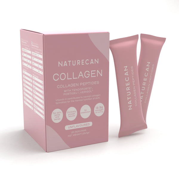 Naturecan Collagen Peptides packaging with two pink collagen sticks, highlighting unflavored and clinically proven benefits.