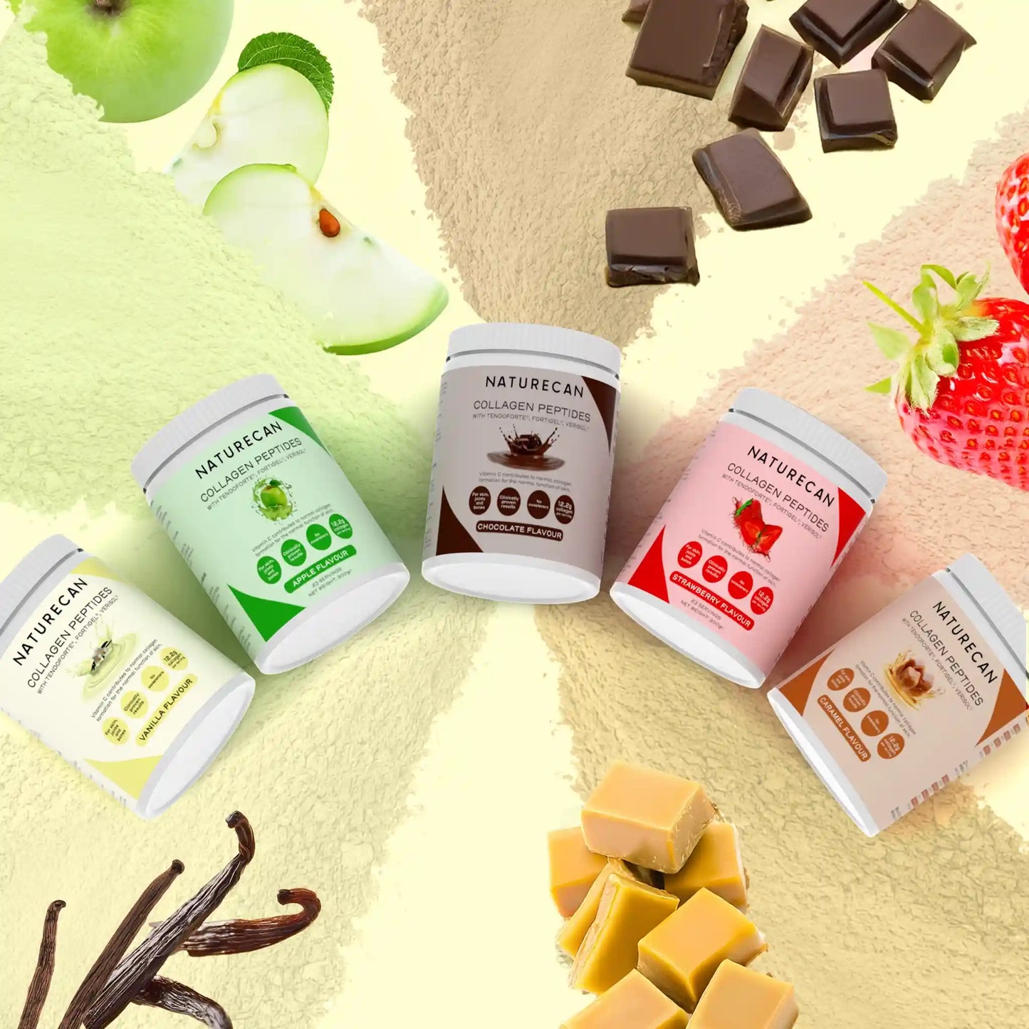 Naturecan collagen peptides jars in various flavors with fruits and chocolate on a colorful background.