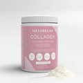 Naturecan Collagen Peptides powder packaging, pink label, unflavored, 600g, with powder beside the jar.