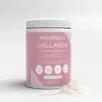 Naturecan Collagen Peptides powder packaging, pink label, unflavored, 600g, with powder beside the jar.