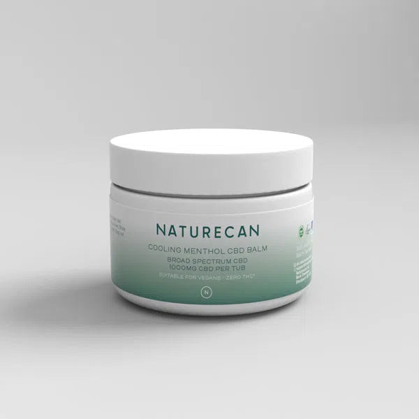 Naturecan Cooling Menthol CBD Balm jar with broad spectrum CBD, 1000mg per tub, suitable for vegans.