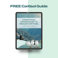 Tablet displaying "5 Practical Approaches to Reduce Cortisol" guide with nature scene and supplements.