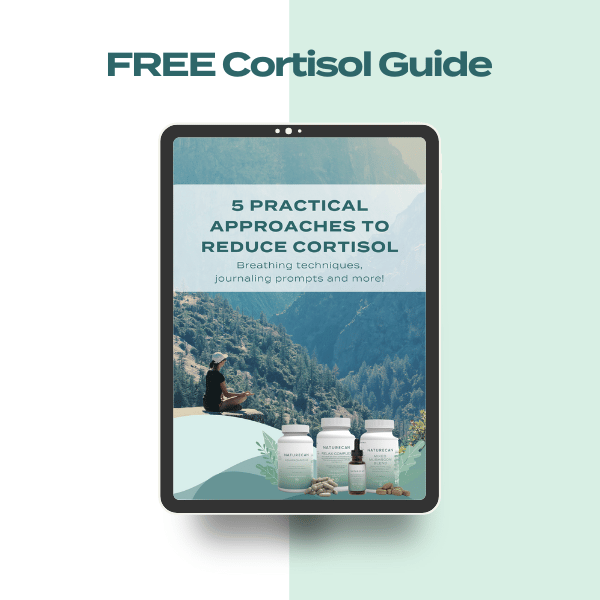 Tablet displaying "5 Practical Approaches to Reduce Cortisol" guide with nature scene and supplements.