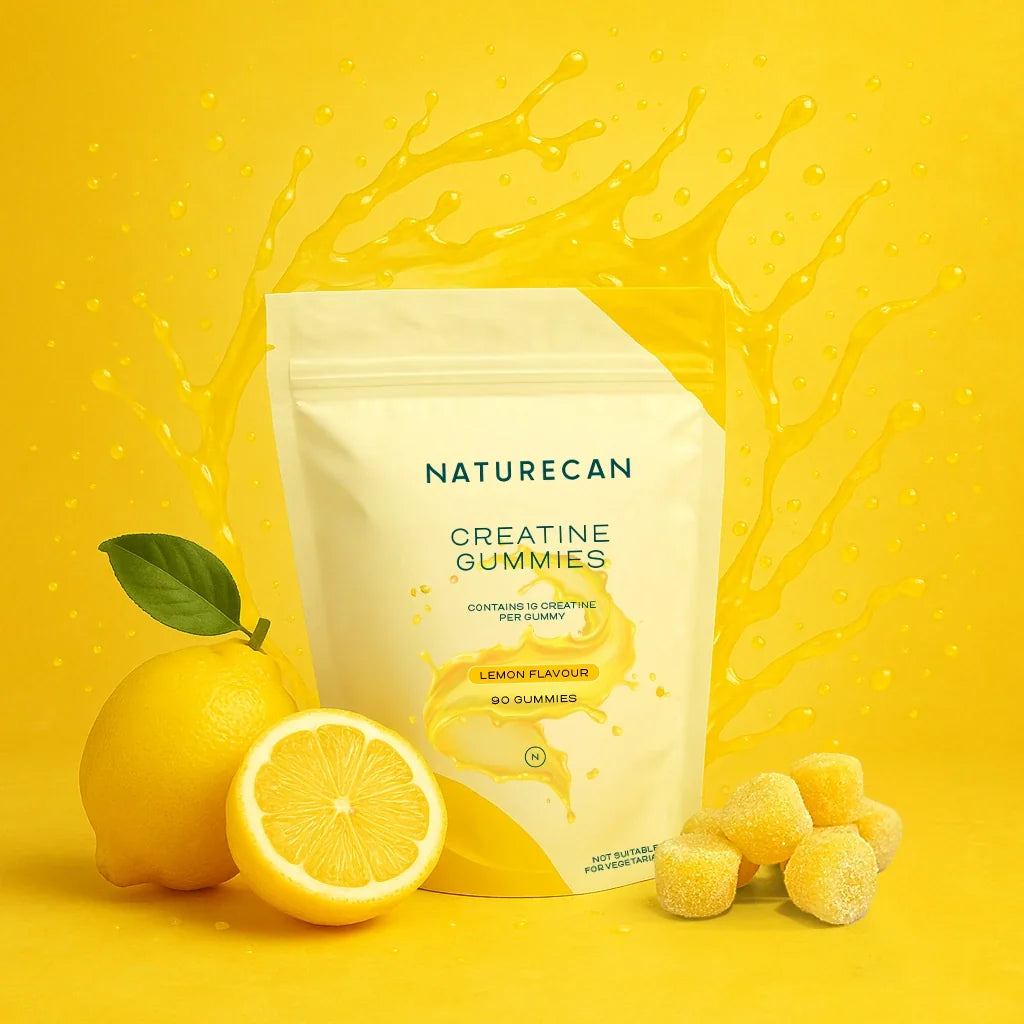 Naturecan Creatine Gummies packaging with lemons and gummy cubes on a vibrant yellow background.