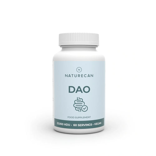 Naturecan DAO food supplement bottle, 23,000 HDU, 60 vegan servings.
