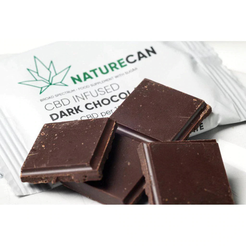 CBD-infused dark chocolate pieces on Naturecan packaging.