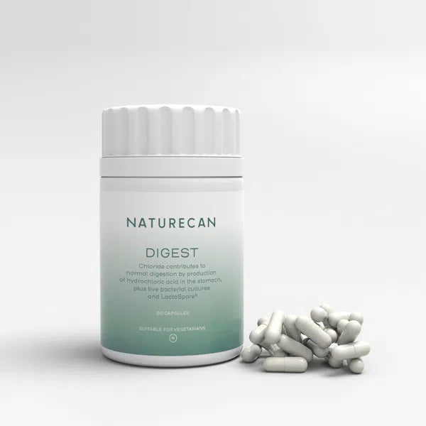 Naturecan Digest capsules packaging with green gradient and scattered capsules nearby.