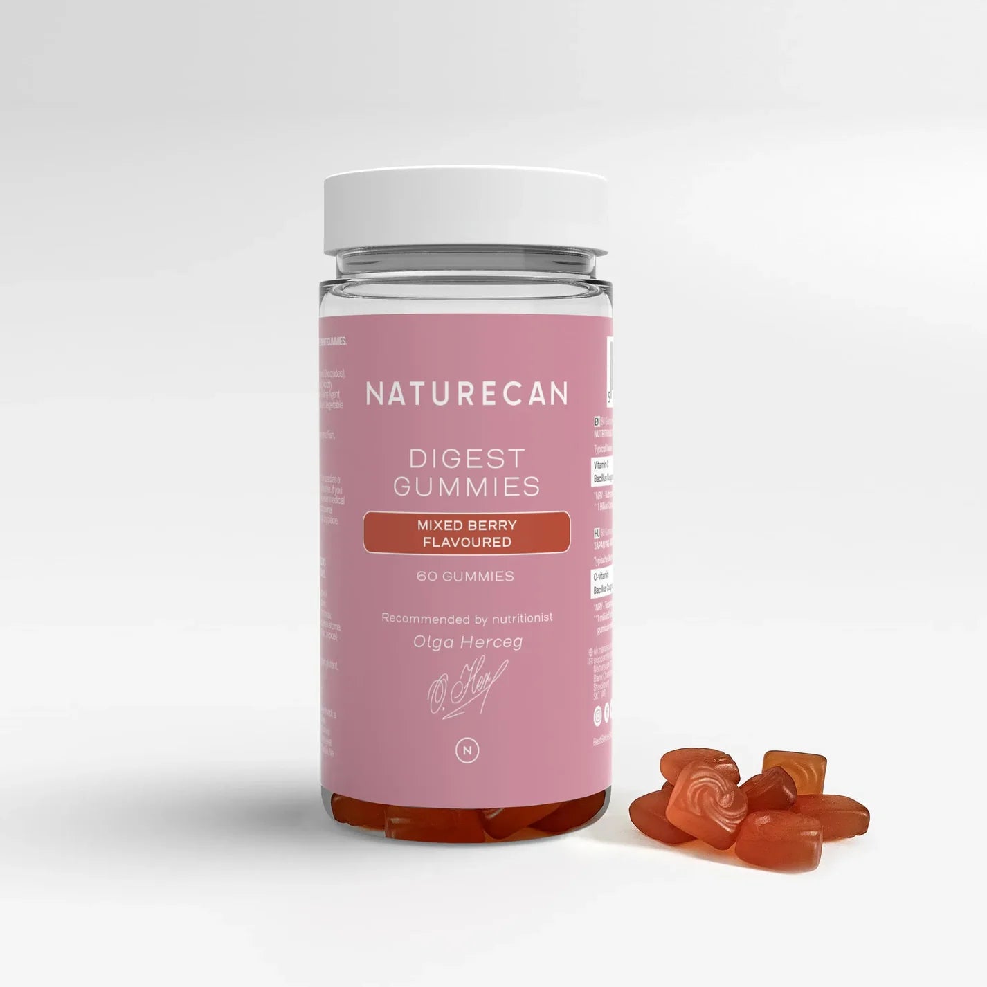 Naturecan Digest Gummies packaging with mixed berry flavor, 60 gummies jar, endorsed by nutritionist.