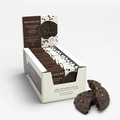 Naturecan CBD double chocolate cookie packaging with cookies displayed and nutritional info on the box.