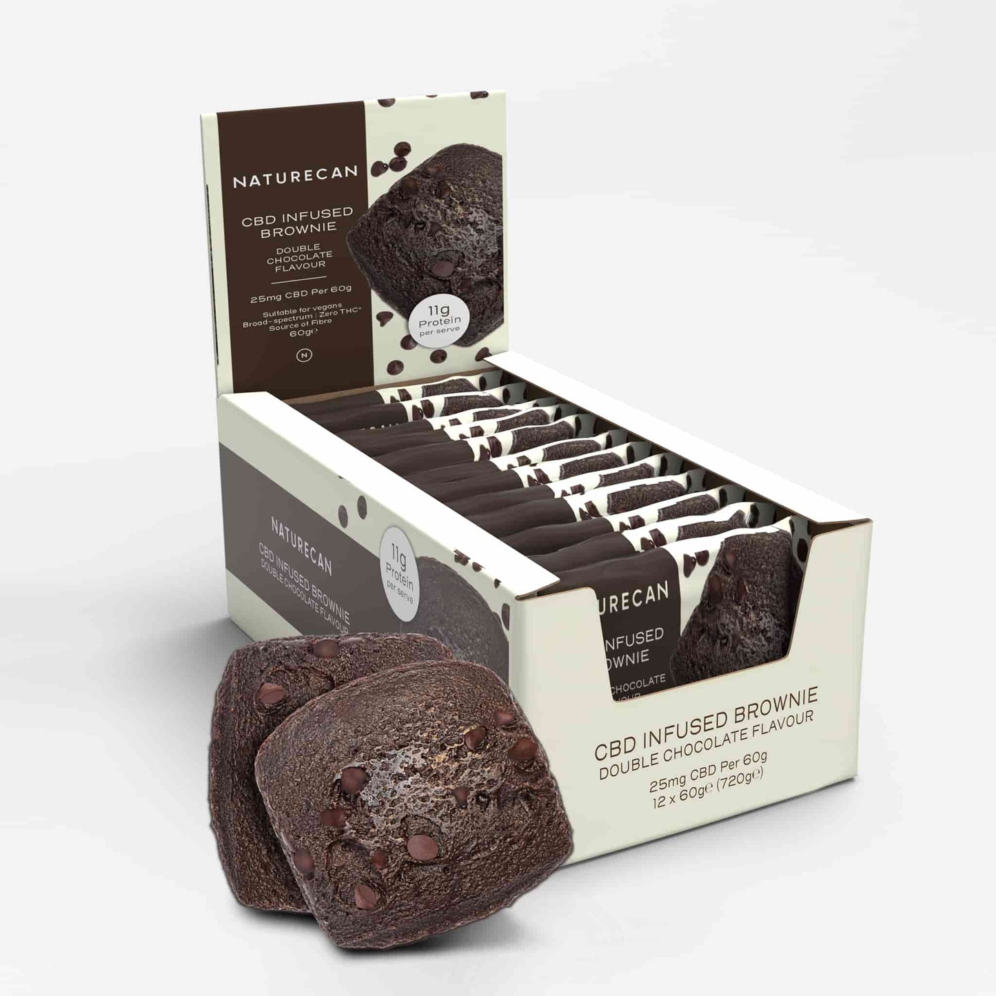 Naturecan CBD infused double chocolate brownies in a display box, featuring rich chocolate color and chip toppings.
