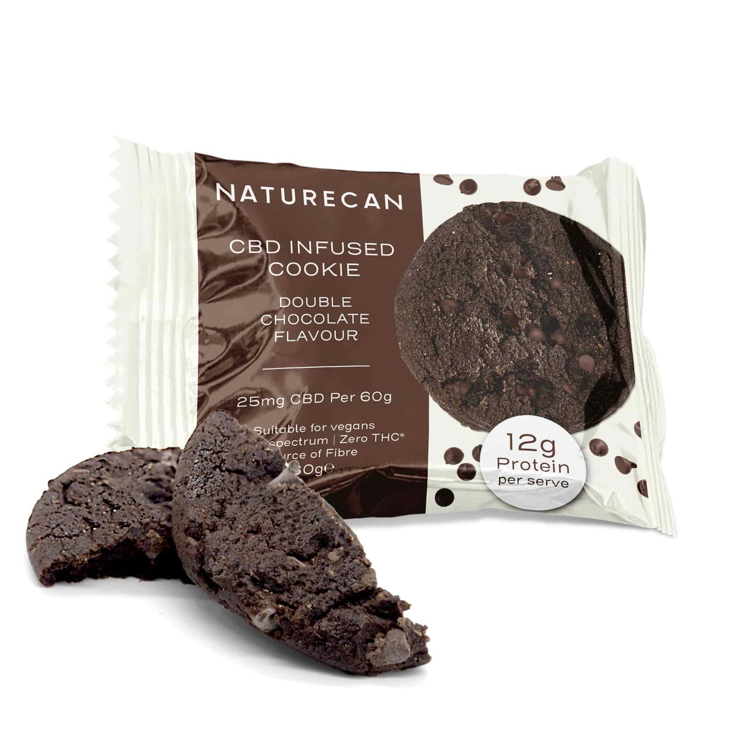 Naturecan CBD double chocolate cookie packaging with chocolate chips and nutritional info.