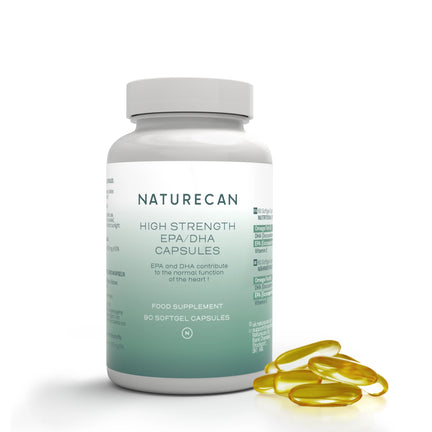 Naturecan high strength EPA/DHA capsules bottle with yellow capsules on a white background