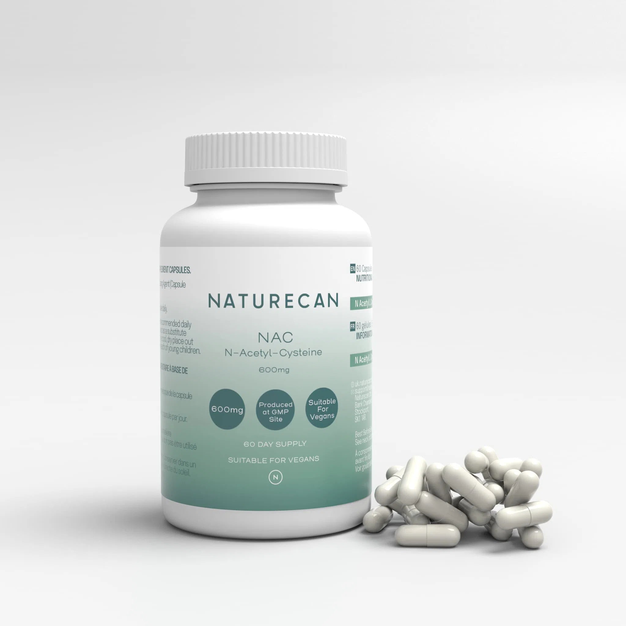 Naturecan NAC N-Acetyl-Cysteine 600mg supplement bottle with capsules beside it.