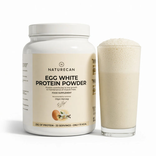Naturecan Egg White Protein Powder container and a glass of protein shake on a white background