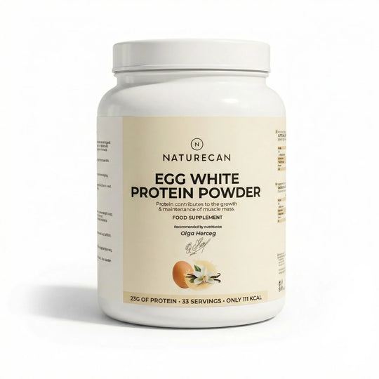 Naturecan Egg White Protein Powder container on a white background