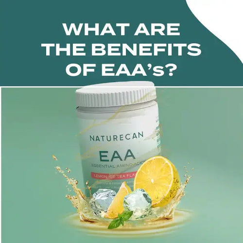 Naturecan EAA supplement jar with lemon and ice splash, highlighting benefits of essential amino acids.