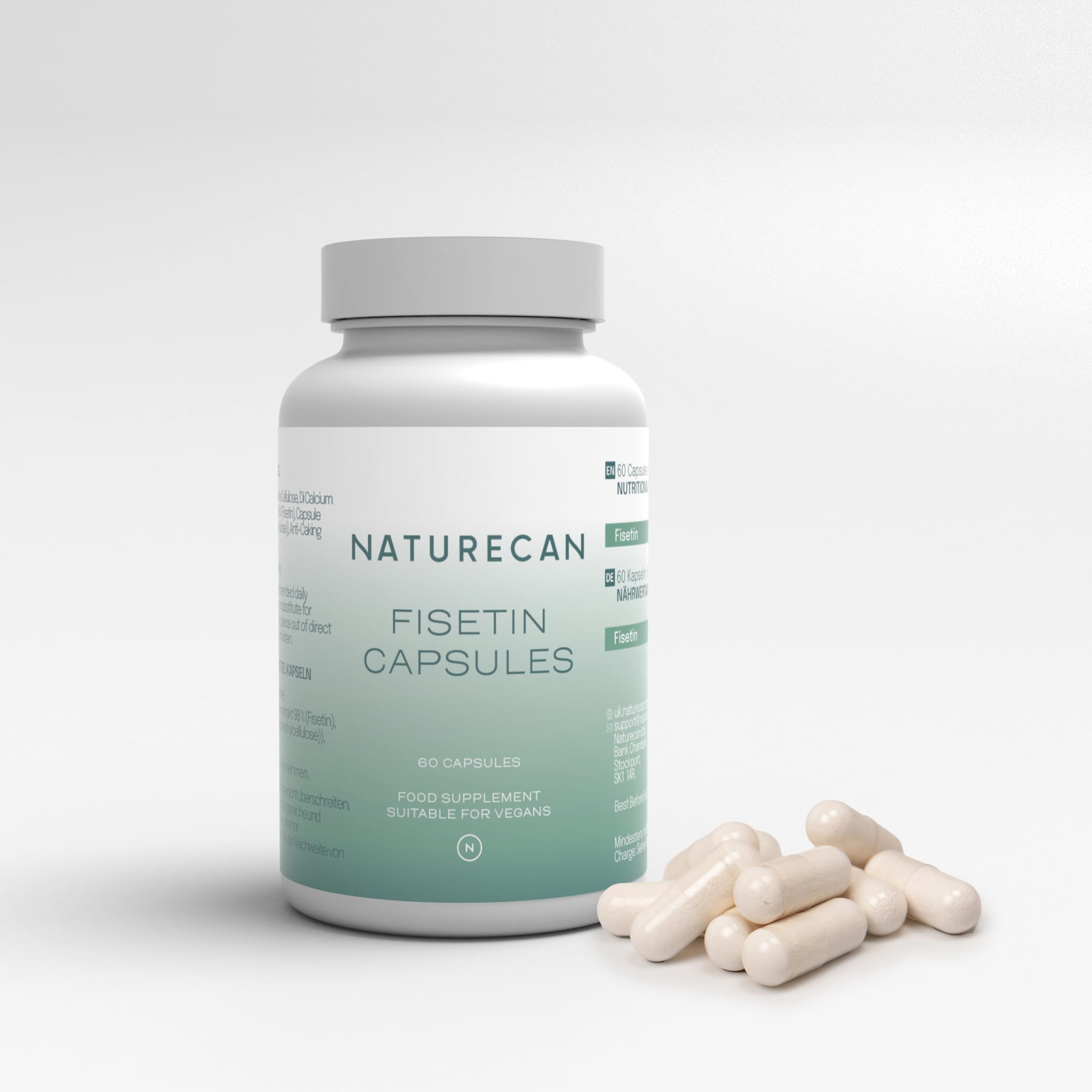 Naturecan Fisetin Capsules packaging with scattered capsules, labeled as a vegan food supplement.