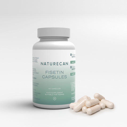 Naturecan Fisetin Capsules packaging with scattered capsules, labeled as a vegan food supplement.