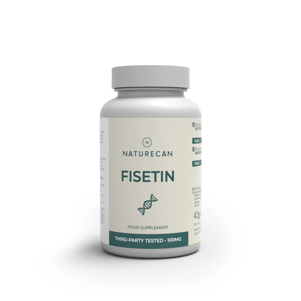 A white bottle of Naturecan Fisetin food supplement with a light gray cap, shown on a clean white background with a soft shadow.