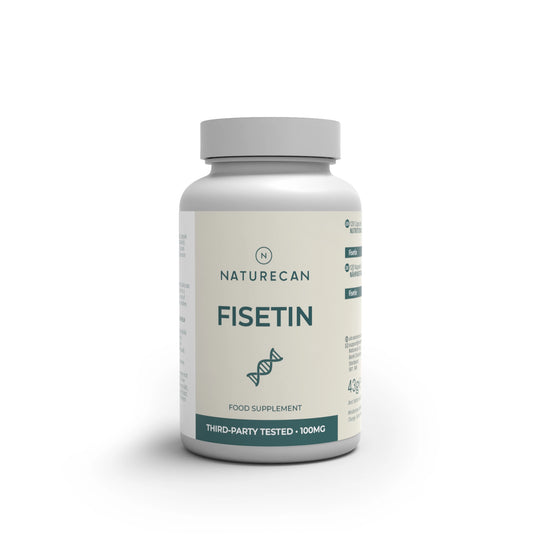 A white bottle of Naturecan Fisetin food supplement with a light gray cap, shown on a clean white background with a soft shadow.