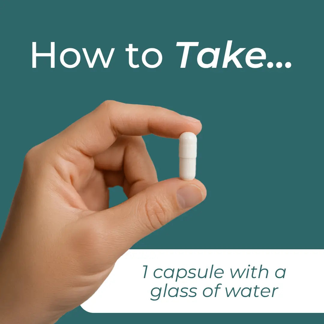 Hand holding a capsule with text instructions: "1 capsule with a glass of water".