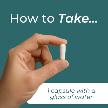 Hand holding a capsule with text instructions: "1 capsule with a glass of water".