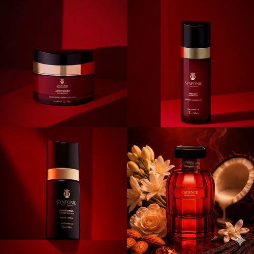 Collage of cosmetic products with a red background