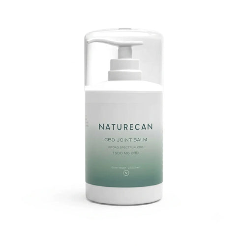 Naturecan CBD Joint Balm packaging with a pump dispenser, labeled "Broad Spectrum CBD 1500 MG CBD".