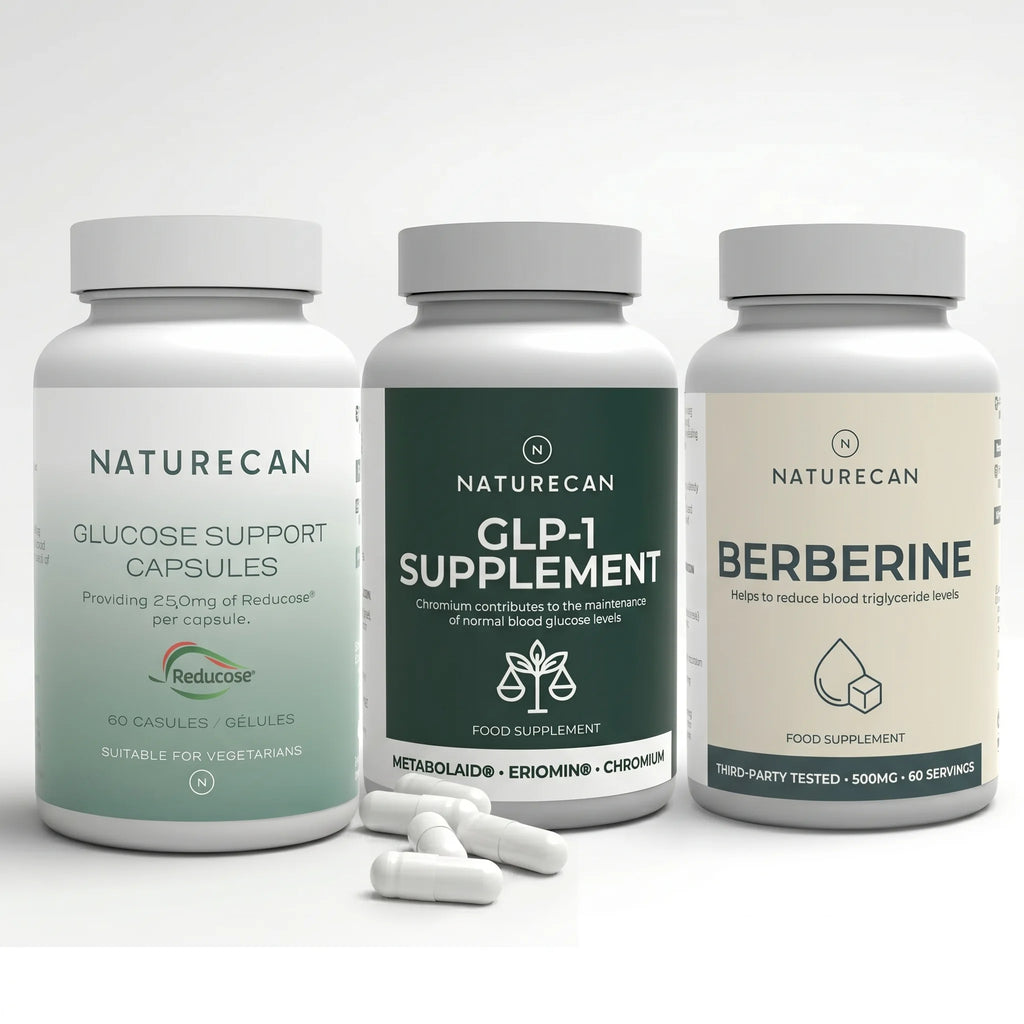 Three supplement bottles labeled 'Naturecan' with different supplement types on a white background.