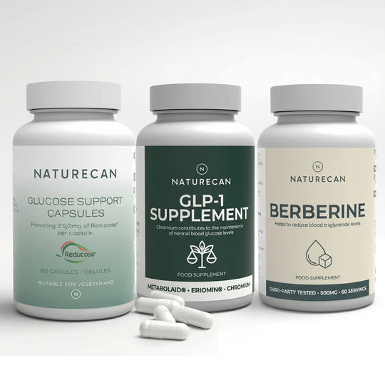 Three supplement bottles labeled 'Naturecan' with different supplement types on a white background.