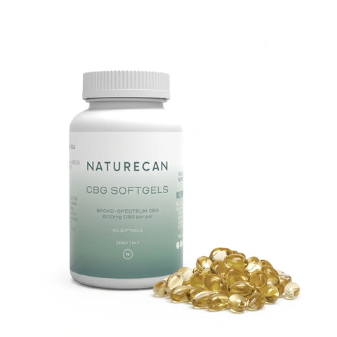Naturecan CBG softgels bottle with scattered capsules, labeled for broad-spectrum CBG, 600mg per pot, 60 softgels.