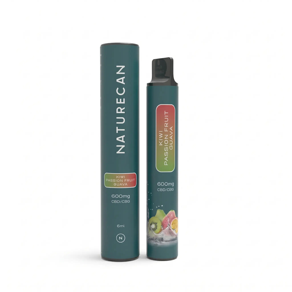 Naturecan vape pen packaging, kiwi passion fruit guava flavor, 600mg CBD CBG, teal design with fruit imagery.