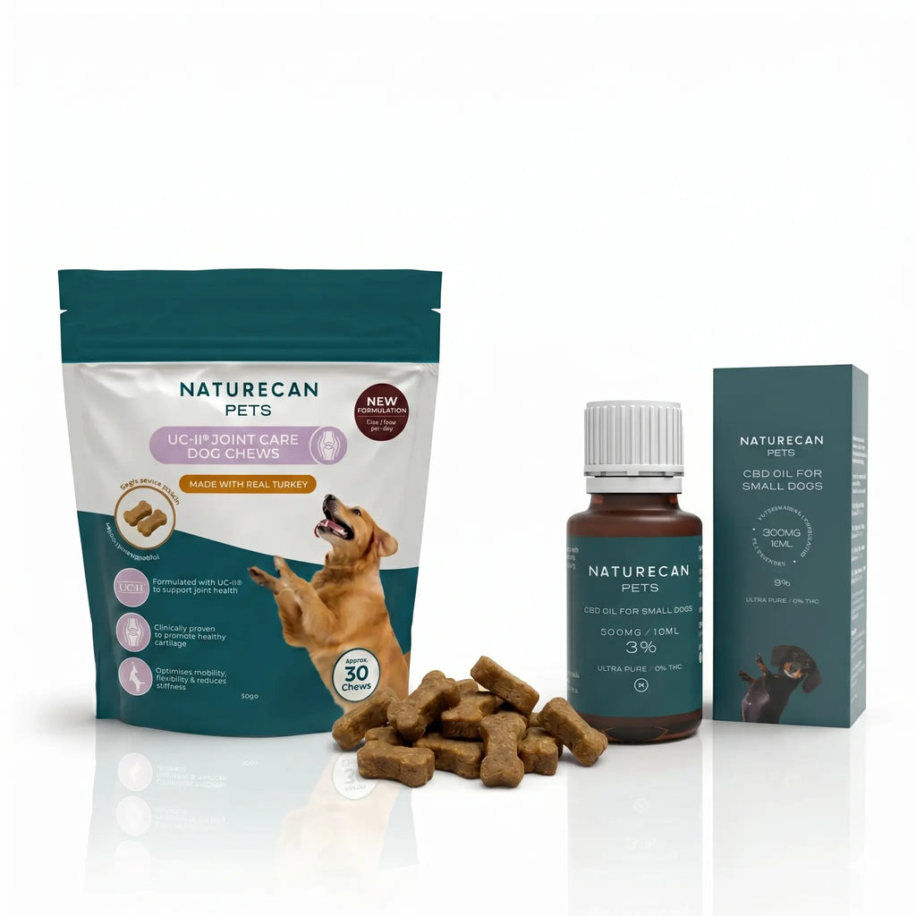 Naturecan Pets product line including dog treats, oil, and box on a white background