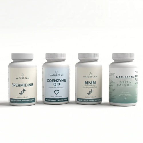 Four white supplement bottles from Naturecan lined up on a white background. The bottles are labeled Spermidine, Coenzyme Q10, NMN, and Risinin Capsules.