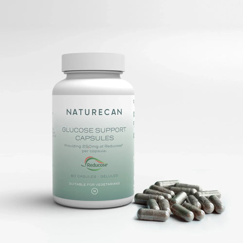 Naturecan Glucose Support Capsules packaging with pills displayed, featuring 250mg of Reducose per capsule.