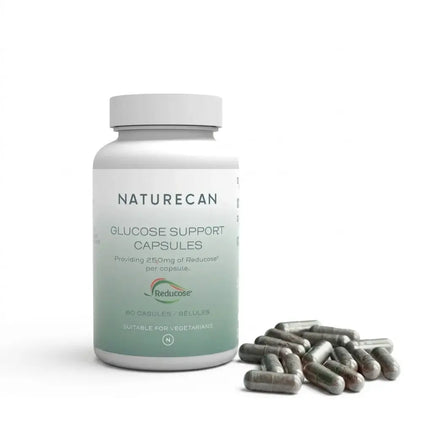 Naturecan Glucose Support Capsules packaging with pills displayed, featuring 250mg of Reducose per capsule.