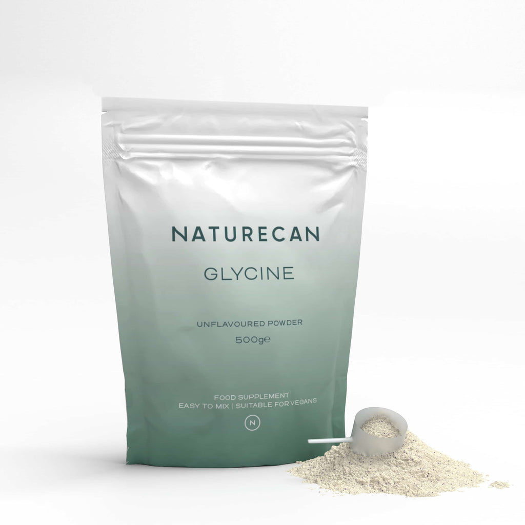 Naturecan Glycine packaging with a scoop of unflavored powder, 500g, vegan-friendly.