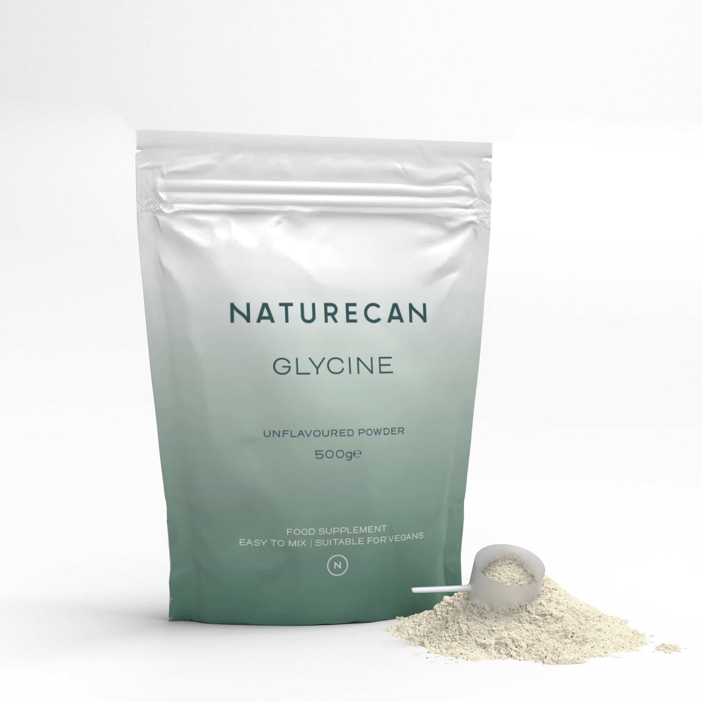 Naturecan Glycine packaging with a scoop of unflavored powder, 500g, vegan-friendly.