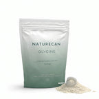 Naturecan Glycine packaging with a scoop of unflavored powder, 500g, vegan-friendly.