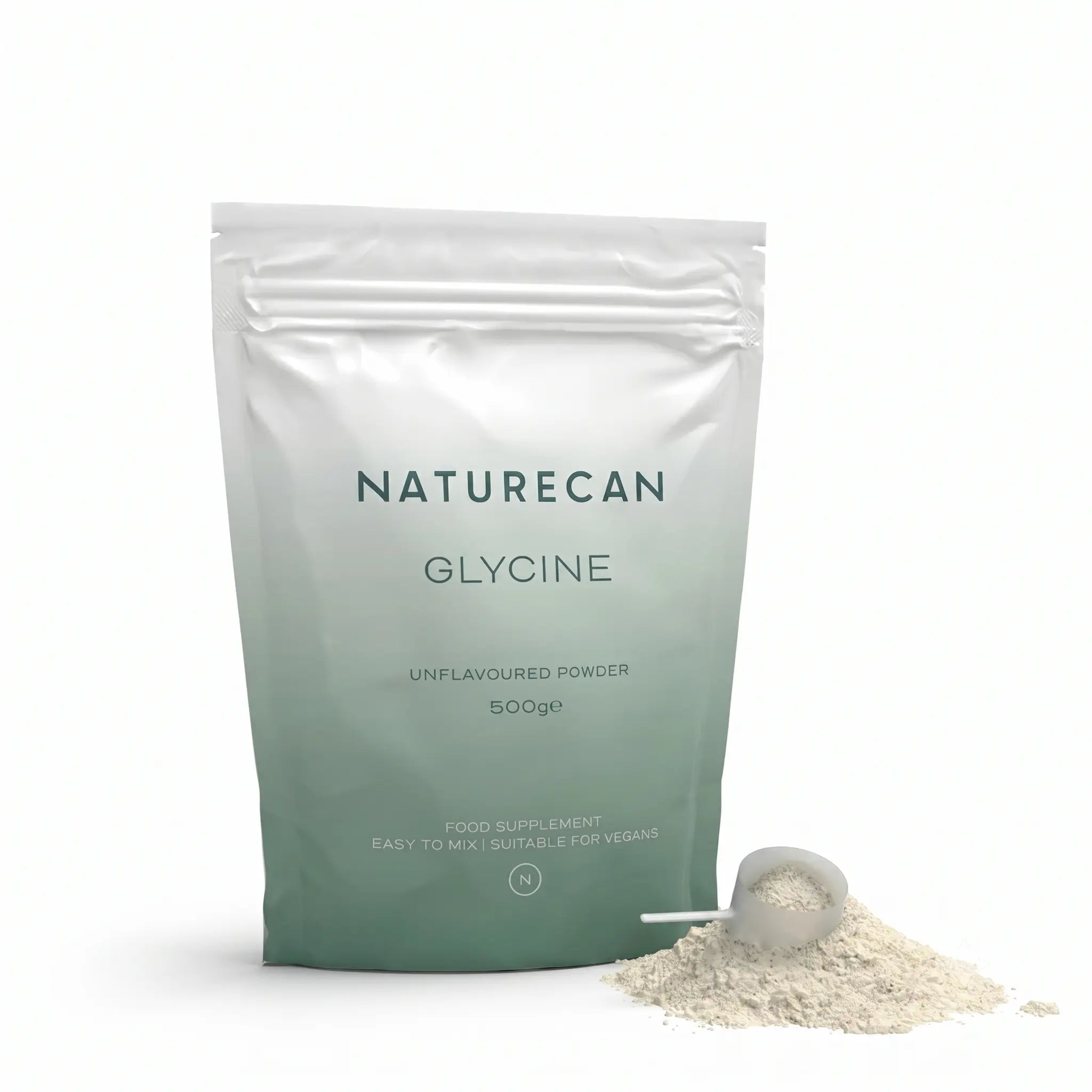 Naturecan Glycine packaging with a scoop of unflavored powder, 500g, vegan-friendly.